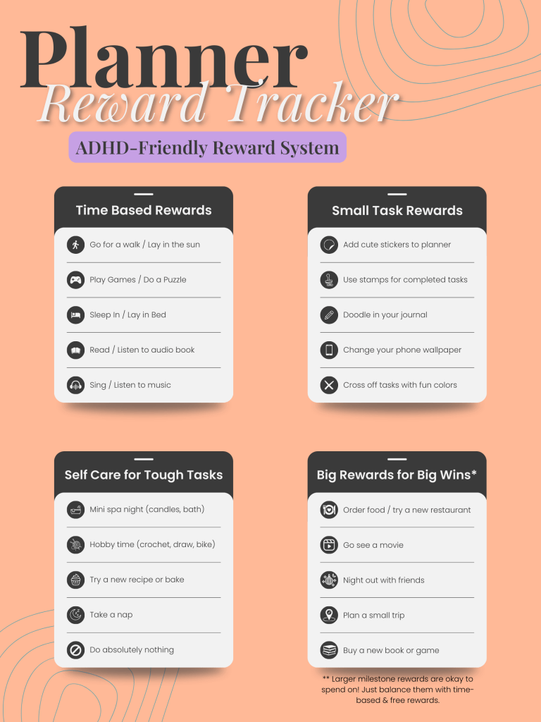 A pastel-toned planner reward tracker with categories for small dopamine boosts, self-care rewards, and milestone treats. Designed for ADHD-friendly planning motivation.